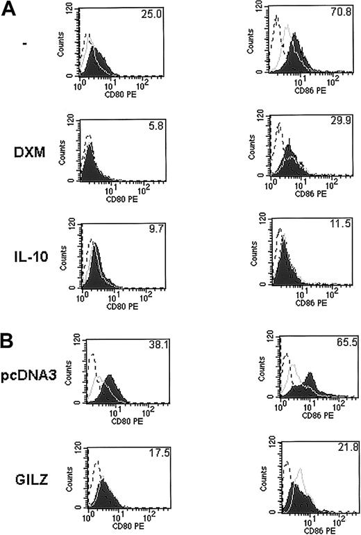 Fig. 7. GILZ inhibits CD80 and CD86 expression. / (A) THP-1 cells were cultured with and without DXM or IL-10. (B) THP-1 cells were transfected with the control (pcDNA3) vector or with the GILZ-encoding vector. CD80 (left panels) and CD86 (right panels) expression was determined by flow cytometry at the end of culture. The dashed curves correspond to the staining obtained with the control mAb. Labeling with anti-CD80 or anti-CD86 antibody is shown by the open histograms and solid histograms for cells cultured without and with IFNγ, respectively. Results shown are from 1 experiment of 4. In the upper right-hand corner of each histogram is the mean fraction (%) of cells in which IFNγ stimulated CD80 or CD86 expression in these 4 experiments.