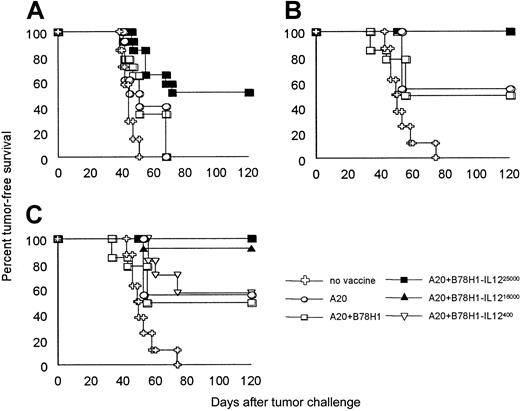 Fig. 4. Immunization with autologous tumor cells mixed with allogeneic IL-12–producing bystander cells eradicates preestablished syngeneic lymphoma. / A20 tumor-bearing BALB/c mice were vaccinated subcutaneously on days 1, 5, 15 (A-C), and 30 (B-C) after tumor challenge. Irradiated tumor cells used as vaccine are indicated. A group of tumor-bearing mice was left unvaccinated. Tumor-free survival was evaluated over an observation period of 4 months. Fourteen mice were included in each group.
