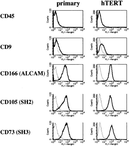 Fig. 5. Flow cytometric analysis of the expression of surface antigens on primary stromal and hTERT-stromal cells. / Stromal cells were immunolabeled with the FITC-conjugated monoclonal antibody specific for the indicated surface antigen. Dead cells were eliminated by forward and side scatter.