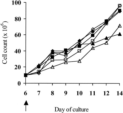 Fig. 3. Binding of ΔLNGFR on the surface of LV'VFas+ cells by the LNGFR+ microbeads does not induce signaling of the intracellular Fas domains and cell death. / Macaque T cells were transduced with either the LV'VFas or the LV'V retroviral vector and on day 6 enriched for ΔLNGFR expression. Aliquots of cells were then evaluated for growth. LV'V-modified: unselected (▵), positive fraction (■), depleted fraction (⋄); LV'VFas-modified: unselected (▴), positive fraction (▪), depleted fraction (♦). The arrow indicates the day of the ΔLNGFR selection. Data shown are from 1 of 2 separate experiments.