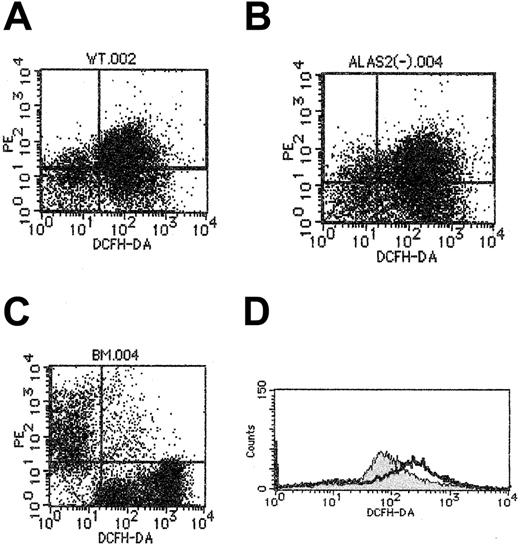Fig. 6. Redox state analysis of definitive erythroblasts derived from ES cells. / Redox state of cells was assayed as described in “Materials and methods,” using DCFHDA as a fluorogenic substrate, but in the absence of H2O2, and cellular fluorescence intensity was examined by flow cytometry. (A) The wild-type definitive erythroblasts. (B) Alas2-null definitive erythroblasts. (C) Mouse bone marrow cells. TER119 fluorescence is shown on the ordinate (y-axis), while DCFHDA-mediated fluorescence is shown on the abscissa (x-axis). Note in the bone marrow TER119+ cells (C), cell population at the upper left exhibited a significantly lower level of DCFHDA fluorescence than the wild-type (A) andAlas2-null definitive erythroblasts (B). (D) Histogram of DCFHDA-mediated fluorescence: the wild-type definitive erythroblasts (filled curve); Alas2-null definitive erythroblasts (open curve). The open curve was shifted more to the right than the filled curve, suggesting that Alas2-null definitive erythroblasts are more peroxidized than the wild-type definitive erythroblasts.