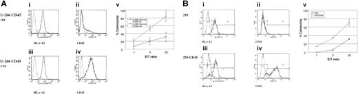 Fig. 7. P1218-specific CTLs recognize endogenously presented CD45. / (A) Cytotoxicity against the myeloma cell line U-266. (Panels Ai-iv) FACS analysis of expression of HLA-A2 (i,iii) and CD45 (ii,iv) in sorted CD45− (i-ii) and CD45+ (iii-iv) fractions. (Panel Av) Cytotoxicity of P1218-specific CTL line 2 against the sorted CD45− and CD45+ fractions. Results are shown as the means ± SDs of 3 experiments performed in triplicate. (B) Cytotoxicity against 293 cells stably transfected with CD45. (Panels Bi-iv) FACS analysis of expression of HLA-A2 (i, iii) and CD45 (ii, iv) in wild-type 293 cells (i-ii) and 293 cells stably transfected with CD45 (iii-iv). (Panel Bv) Cytotoxicity of P1218-specific CTL line 2 against these targets. Results are shown as the means ± SDs of triplicate wells in a representative experiment.