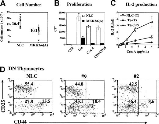 Fig. 2. Partial inhibition of p38 MAPK reduces thymocyte number, suppresses thymocyte proliferation and IL-2 expression, and interferes with early thymocyte development. / (Panel A) Total thymocyte numbers from 11 pairs of 6-week-old NLC and lck-MKK3(A)/MKK6(A) transgenic mice. The thymocyte number of each pair is identified by the same symbol. The mean of each group is indicated next to the symbols. (Panel B) Proliferation of thymocytes from lck-MKK3(A)/MKK6(A) transgenic and NLC mice. The isolated thymocytes were activated with anti-CD3/anti-CD28, Con A (5 μg/mL), and TPA (10 ng/mL)/A23187 (80 ng/mL). The incorporation of thymidine was determined 60 hours later. (Panel C) IL-2 production of thymocytes from lck-MKK3(A)/MKK6(A) transgenic (Tg) and NLC mice. Thymocytes were stimulated with serially diluted Con A, and the IL-2 produced was quantitated 24 hours later using the IL-2–dependent cell line HT-2. Tg-(SP) indicates transgenic thymocytes analyzed with equal numbers of SP thymocytes as in NLC thymocytes. (Panel D) CD4−CD8− thymocyte development was disturbed in MKK3(A)/6(A) transgenic mice. CD4−CD8−thymocytes from 6-week-old NLC, line-9, and line-2 transgenic mice were gated and analyzed for CD25 and CD44 expression. The number indicates the percentage of the subpopulation in CD4−CD8− thymocytes. The SD is 15% of the mean value among 3 groups of mice with 4 mice in each group.