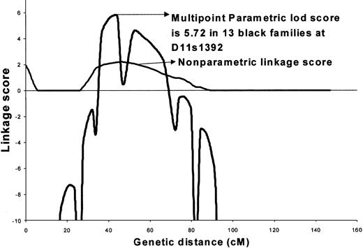 Fig. 2. Maximized multipoint and nonparametric analysis of linkage in 13 African American families on chromosome 11 showing a multipoint lod = 5.72.