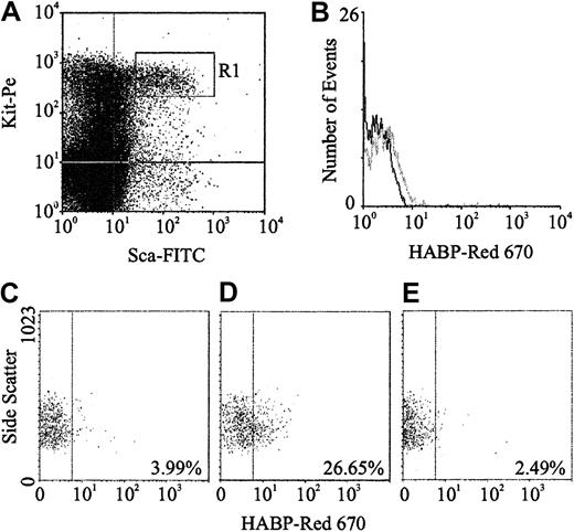 Fig. 1. HA expression on murine BM HSCs. / (A) Sca-1 and Kit expression characteristics of Lin−murine BM cells; R1 sort region for HSCs. (B) HA expression on all R1 HSCs (gray line) as detected using HABP. (C) Control (Red 670 alone) for HA expression on Lin−Rhdull cells. (D) HABP binding to Lin−Rhdull cells. (E) HABP binding to Lin−Rhdull cells following hyaluronidase pretreatment. The percentages represent the proportion of positive cells.