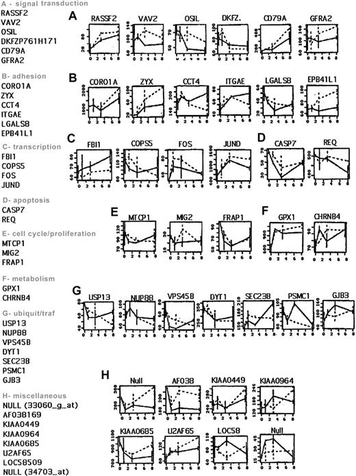 Fig. 3. List of 38 of the 64 genes selected by the permutation method from Table 1. / Genes (HUGO names) that have been selected for having reproducibility across the cell lines and the replicates are classified by biological functions. The average expression levels as function of time are shown on the right side for each gene, for Nalm-6. Dashed line: PLL; solid line: Fn.