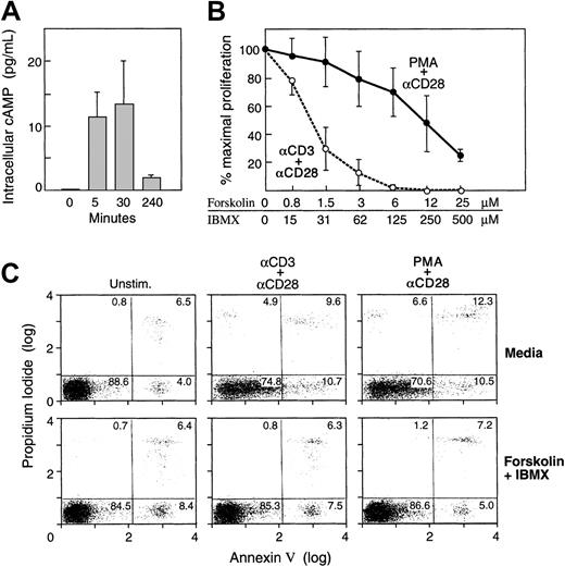 Fig. 1. Increase of intracellular cAMP in primary human T cells inhibits proliferation in response to TCR/CD3 plus CD28 but not in response to phorbol ester plus CD28. / (A) Kinetics of intracellular increase of cAMP. Purified primary human T cells were cultured for the indicated time intervals with forskolin and IBMX as described in “Materials and methods” and levels of endogenous intracellular cAMP were examined. Results are representative of 3 independent experiments. (B) Purified primary human T cells were cultured with either anti-CD3 and anti-CD28 mAbs or with phorbol ester and anti-CD28 mAb as described in “Materials and methods,” either in media or with the indicated concentrations of forskolin and IBMX. Incorporation of 3H-thymidine was examined at the final 6 hours of a total 72-hour culture interval. Results are representative of 5 independent experiments. Although there was variability in the responses among different donors, the same trend was observed in all tested samples. Error bars indicate range of responses. (C) Increase of intracellular cAMP does not induce apoptosis. Primary human T cells were cultured under the indicated conditions in the presence or absence of forskolin and IBMX and the percentage of apoptotic cells was examined by annexin and propidium iodide. Cells were analyzed at various time intervals (24, 48, 72 hours after culture), and results representing the 72 hours of culture are shown. The results are representative of 2 experiments.