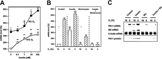 Fig. 1. Induction of PAI-1 mRNA and protein expression by insulin under both normoxia and mild hypoxia. / Cells were cultured for 24 hours under arterial pO2. At 24 hours the medium was changed, and cells were further cultured for the next 24 hours under normoxic (16% O2) and hypoxic (8% O2) conditions. Three hours before harvesting, the cells were treated with insulin, wortmannin, or both. The PAI-1 mRNA levels were measured by Northern blotting. (A) The PAI-1 mRNA level under normoxia (16% O2) without addition of insulin was set equal to 100%. Concentrations of insulin are indicated. (B) The PAI-1 mRNA level under normoxia (16% O2) without addition of insulin was set equal to 100%. Insulin was used at a concentration of 10 nM, wortmannin was used at a concentration of 20 nM. Values are expressed as means ± SEMs of 3 independent culture experiments. Student t test for paired values: *significant difference 16% O2 versus 8% O2, **significant difference 16% O2 + insulin versus 16% O2(control), ***significant difference 8% O2 + insulin versus 8% O2 (control), P ≤ .05. (C) Representative Northern and Western blot. For Northern analysis 15 μg total RNA was hybridized to digoxigenin-labeled PAI-1, GK, and β-actin antisense RNA probes (see “Materials and methods” for more information). Protein (50 μg) from the medium was subjected to Western analysis with an antibody against rat PAI-1 (see “Materials and methods” for more information). Autoradiographic signals were obtained by chemiluminescence and scanned by videodensitometry. Wo indicates wortmannin.
