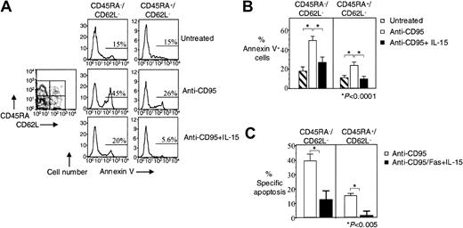 Fig. 2. IL-15 decreases CD95/Fas-induced apoptosis of effector memory HIV-specific CD8+ T cells. / (A) Representative flow cytometry showing Annexin V staining of effector memory HIV-specific CD8+ T cells after stimulation of PBMCs with anti-CD95/Fas antibody ± IL-15 for 14 hours. Histograms show effector memory subpopulations of HIV-specific CD8+ T cells. Cells were gated for lymphocytes by FSC and SSC, for tetramer-specific CD8+ T cells by tetramer staining, and then based on CD45RA and CD62L expression. (B) Pooled data showing Annexin V binding of HIV-specific CD8+ T cells after stimulation of PBMCs with anti-CD95/Fas antibody ± IL-15 for 14 hours (n = 10). (C) Percentage of treatment-specific apoptosis shown for CD45RA−CD62L− and CD45RA+CD62L− effector memory HIV-specific CD8+ T cells (n = 10). For treatment-specific apoptosis calculation see “Patients, materials, and methods.” Bars depict means ± standard errors. The P values were calculated by using Student t test for paired samples.
