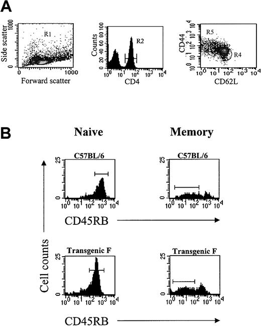 Fig. 6. CD45RB phenotype of CD4+ cells from draining lymph nodes of immunized mice. / (A) The gating parameters are shown for selection of naive and memory T cells. Naive CD4+ T cells were selected for CD4+, CD44lo, and CD62Lhi (R1 and R2 and R4), and for memory cells the CD4+, CD44hi, CD62Llo (R1 and R2 and R5) cells were selected.31 (B) The horizontal bars in the naive T-cell panels indicates the high CD45RB-expressing cells, and the memory T-cell panels illustrate the low CD45RB cell population.