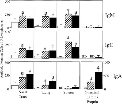 Fig. 3. OVA-specific AFCs in spleen, nasal tract, lung, and intestinal lamina propria. / Groups of 5 C57BL/6 mice were nasally immunized on days 0, 7, and 14 with 75 μg OVA and 0.0 (■)or 1.0 μg MIP-1α (▨) or MIP-1β (▪) in PBS. Levels of OVA-specific AFCs present in spleen, intestinal lamina propria, and respiratory tracts, including associated lymphoid tissue, were determined by ELISPOT analysis 7 days after the last immunization. AFCs below detectable levels (fewer than 10 AFCs per 106 lymphocytes) are designated BD. The data presented are the mean AFCs ± SEMs, in duplicate cultures, of 3 separate experiments. Asterisks indicate statistically significant differences (P < .05) from AFCs of mice immunized with OVA alone.