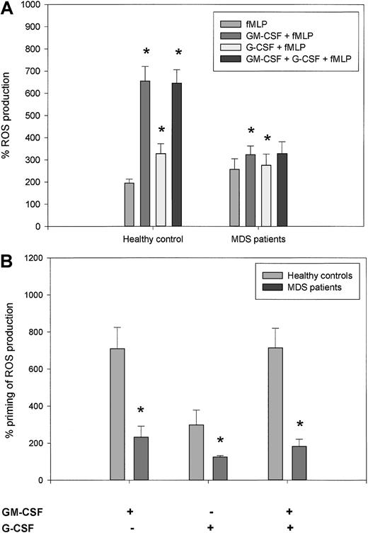 Fig. 3. Priming of fMLP-stimulated H2O2production by GM-CSF and G-CSF is significantly decreased in neutrophils from MDS patients compared with healthy subjects. / Neutrophils were stimulated for 30 minutes with 1 μM fMLP with or without preincubation for 15 minutes with 5 ng/mL GM-CSF, 2.5 ng/mL G-CSF, or both. The production of H2O2 after stimulation was measured by FACS analysis and expressed as a percentage of the fluorescence in unstimulated cells. (A) Mean ROS production was calculated for 8 healthy subjects and 8 MDS patients. Asterisks represent significant differences in percentage H2O2 production in the primed groups versus the groups that were stimulated with fMLP alone (P < .05). (B) Respiratory burst-enhancing capabilities of GM-CSF, G-CSF, or both were calculated for each donor as follows: (GM-CSF + fMLP)/fMLP, (G-CSF + fMLP)/fMLP, and (GM-CSF + G-CSF + fMLP)/fMLP. The mean priming capacity of GM-CSF, G-CSF, or both on neutrophil respiratory burst is shown for 8 healthy subjects and 8 MDS patients. Differences between MDS patients and healthy controls were calculated using the Wilcoxon nonparametric tests (*P < .05).