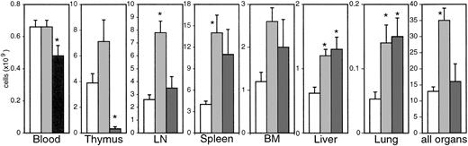 Fig. 1. Absolute numbers of lymphocytes in different organs. / Bars represent uninfected (white bars) and SIV-infected macaques with (dark gray bars) or without (light gray bars) signs of AIDS. *Significantly different compared with uninfected monkeys (P ≤ .05).