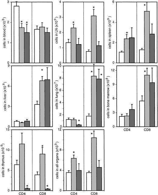 Fig. 3. Absolute numbers of CD4+ and CD8+ T cells in different organs. / Bars represent uninfected (white bars) and SIV-infected macaques with (dark gray bars) or without (light gray bars) signs of AIDS. In thymus, only CD3high-expressing, CD4, CD8 single-positive, mature thymocytes were included. *Significantly different compared with uninfected monkeys (P ≤ .05).