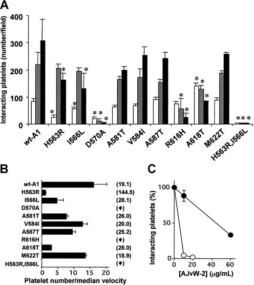 Fig. 7. Shear-dependent interaction of platelets with immobilized wt-A1 and mutants. / Reconstituted blood containing fluorescently labeled platelets (10 000/μL) was perfused over wt-A1 or mutant fusion proteins, immobilized onto glass coverslips coated at 300 μg/mL in a flow chamber (see “Materials and methods”). (A) Number of platelets translocating over the A1 domain mutants per field (205 × 330 μm), after 3 minutes of perfusion, at 200 seconds−1 (■), 1000 seconds−1 (▨), and 1500 seconds−1 (▪). Data are expressed as the means ± SDs of at least 3 separate assays (*P < .05). (B) Median velocities of platelet translocation on immobilized wt-A1 and mutants were determined from real-time movies by measuring the distance traveled by single platelets during 1 second of perfusion at 1500 seconds−1. For each mutant, the velocity of 50 individual platelets was measured in one typical experiment. Ratios of the platelet count to the median velocity of platelets interacting with the mutants are represented as black bars. Median platelet velocity (μm/sec) is indicated in parentheses. ♦ indicates a contact time that was too short to allow velocity measurement. For space considerations, single-letter codes were used for amino acids. (C) Platelets in reconstituted blood were perfused at 1500 seconds−1 over wt-A1 (○) and over Ala587Thr-A1 (●) in the presence of increasing concentrations of AJvW-2. After 3 minutes of perfusion, interacting platelets were counted. Results are expressed as the percentages of platelet numbers in the absence of AJvW-2.
