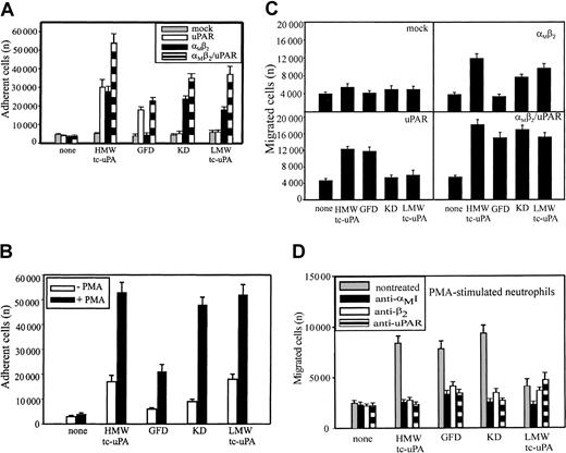 Fig. 3. Recognition of uPA domains by αMβ2 and uPAR. / HEK293 cell lines (A) and unstimulated or PMA-stimulated (20 nM) PMNs (B) were allowed to adhere to microtiter plates coated with HMW-tc-uPA or its domains for 30 minutes at 37°C. Nonadherent cells were removed by washing with PBS, and the number of adherent cells was quantitated as described in “Materials and methods.” HEK293 cells expressing uPAR or αMβ2 or both (C) and PMA-stimulated PMNs (D) were added to the transwells (2 × 105cells/well) and allowed to migrate for 6 hours at 37°C in 5% CO2. HMW-tc-uPA or its domains were added to the lower chamber of the transwell at 100 nM (C) and 10 nM (D) concentrations. The data are means ± SEM of triple measurements from 3 independent experiments.
