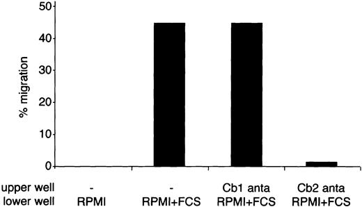 Fig. 7. Effect of FCS on migration of Cb2-EGFP–expressing 32D/G-CSF-R cells. / 32D/G-CSF-R/Cb2-EGFP cells were exposed to RPMI medium containing or not containing serum during a transwell assay. A quantity of 100 nM of Cb1- or Cb2-specific antagonist was placed in the upper well. The y-axis indicates the percentage of migration from an input of 2 × 105 cells.
