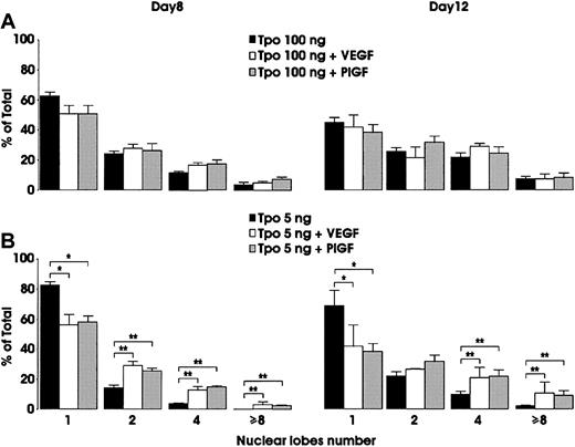Fig. 6. Effect of exogenous VEGF on Mk polyploidization. / Cells were grown in the presence of either 100 (A) or 5 (B) ng/mL TPO, alone or combined with 100 ng/mL exogenous VEGF or PlGF. Evaluation of nuclear lobe number was performed at day 8 and day 12 of culture. Mean ± SEM values of 3 independent experiments. *P < .05; **P < .01.