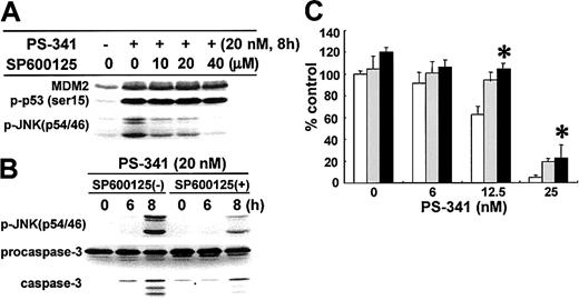 Fig. 3. JNK inhibitor blocks caspase-3 cleavage and abrogates PS-341–induced apoptosis in MM.1S cells. / (A) Inhibition of PS-341–induced JNK phosphorylation, but not of MDM2 expression or p53 phosphorylation, by JNK inhibitor SP600125. (B) Caspase-3 cleavage triggered by PS-341 is dependent on JNK activity. SP600125 inhibits the phosphorylation of JNK and caspase-3 cleavage triggered by PS-341. (C) Cell death triggered by PS-341 is partially dependent on JNK activation. MM.1S cell death triggered by PS-341 was measured by MTT assay, in the absence (■) or presence of 5 μM (░) and 10 μM (▪) SP600125. *P < .01 (versus 0 μM).