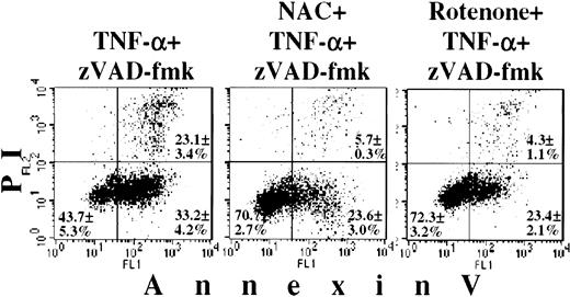 Fig. 8. Effect of NAC and rotenone on TNF-α/zVAD-fmk–induced PMN cell death. / PMNs were cultured for 6 hours with a combination of 20 ng/mL TNF-α and 150 μM zVAD-fmk or with TNF-α/zVAD-fmk in combination with 5 mM NAC or 100 μM rotenone. Afterwards, PMNs were stained with annexin-V/PI and analyzed by FACScan. Values represent the percentage of cells (mean ± SEM) for each respective quadrant. Data obtained in 5 independent experiments.