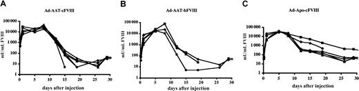 Fig. 3. Functional FVIII expression kinetics in adult hemophilic FVIIIKO mice following HC-Ad gene transfer. / Mice were injected intravenously with Ad-AAT-cFVIII (A), Ad-AAT-hFVIII (B), and Ad-Apo-cFVIII (C) at 5 × 109 IU per mouse (n = 6 for each vector).