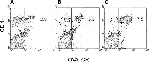 Fig. 1. OVA-Tg are detected in the spleen following adoptive transfer into TLI-preconditioned mice. / OVA-Tg cells were adoptively transferred into TLI-preconditioned mice one day after completion of TLI. Seven days later, OVA-Tg cells were detected in the spleens of individual mice using multiparameter FACS analysis. Figure is a FACS contour plot depicting the percentage of OVA-Tg CD4+ cells in the spleen of a TLI-preconditioned BALB/c mouse (A) and a TLI-preconditioned CB6F1 mouse (B). (C) Control OVA-Tg mouse.