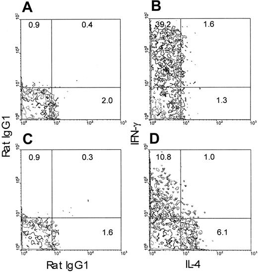 Fig. 3. Priming of OVA-Tg in vitro with cells from TLI-preconditioned mice expands IL-4–producing OVA-Tg CD4+cells. / Purified naive OVA-Tg CD4+ cells were cultured for 5 days with 100 nM OVA peptide and APCs from either untreated BALB/c mice (A-B) or TLI-preconditioned BALB/c mice (C-D). Cells from these cultures were then restimulated with PMA/ionomycin as per “Materials and methods” and subsequently stained for CD4+ and Tg surface markers. The panels depict contour plots of gated OVA-Tg CD4+ T cells after PMA/ionomycin restimulation and show intracytoplasmic staining with rat IgG1 isotype control antibodies (A,C) or antibodies against IL-4 and IFN-γ (B,D).