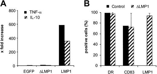 Fig. 3. ΔLMP1 is functionally inactive in dendritic cells. / (A) Day 5 immature DCs were transduced with Ad_EGFP, Ad_ΔLMP1, and Ad_LMP1 at an MOI of 3. After 48 hours, cell-free media were collected and the concentration of TNF-α and IL-10 was determined by FACS using the Cytokine Cytometric Bead Array kit (BD Biosciences). Only LMP1 induced high levels of TNF-α and IL-10. (B) Day 5 immature DCs were transduced at an MOI of 6 and matured with a cytokine cocktail for 2 days prior to FACS analysis for DR, CD83, and ΔLMP1 expression (donors A, B, and C; n = 15). ΔLMP1 expression did not affect the expression of DR and CD83 in comparison with nontransduced DCs (control).