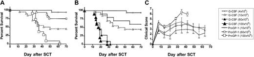 Fig. 4. Donor pretreatment with ProGP-1 allows escalation of graft cell dose above that possible with donor pretreatment with G-CSF. / (A-B) Survival curves by Kaplan-Meier analysis, pooled from 3 similar experiments. Donor B6 mice were treated as in Figure 3. Splenocytes were harvested on day 11 and transplanted into lethally irradiated B6D2F1 recipient mice at doses of 4 × 106/animal (for G-CSF group only, n = 10), 10 × 106/animal (n = 10-20), 60 × 106/animal (n = 10-15), and 100 × 106/animal (n = 10). This equates to T-cell doses of 1.2 × 106, 3.0 × 106, 18 × 106, and 30 × 106 in G-CSF–treated donors and 1.2 × 106, 7.2 × 106, and 12 × 106 in ProGP-1–treated donors.P < .03 for all G-CSF versus ProGP-1 (10 × 106 and 60 × 106). *P = .26 for G-CSF (10 × 106) versus ProGP-1 (100 × 106). (C) GVHD clinical scores as described in “Materials and methods” were determined as a measure of GVHD severity in surviving animals. *P < .05 for G-CSF (10 × 106) versus ProGP-1 (60 × 106) and **P < .01 for G-CSF (10 × 106) versus ProGP-1 (10 × 106) at the time points indicated.