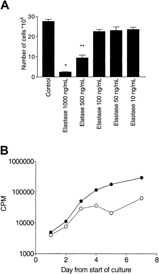 Fig. 1. Effect of elastase on CD34+ growth. / CD34+ cells (105/mL) were cultured in the presence of 10 ng/mL G-CSF, GM-CSF, and SCF with different concentrations of elastase. (A) After 10 days of culture, nucleated cells were counted. Asterisks indicate significant differences from control values (*P < .005; **P < .01). Data are representative of 3 independent experiments. (B) Daily measurement of proliferation by tritiated thymidine uptake. Data are presented as mean (± SEM) of the triplicates. CPM indicates counts per minute; ●, control; and ○, elastase.