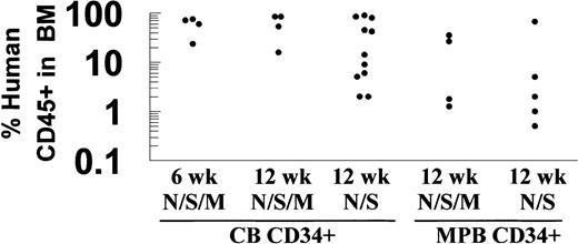 Fig. 1. Human CD34+ cells engrafted NOD/SCID/MPSVII mice at levels comparable with those of NOD/SCID mice. / NOD/SCID (N/S) and NOD/SCID/MPSVII (N/S/M) mice received transplants of human CD34+ cells from cord blood (CB) or mobilized peripheral blood (MPB) sources. The percentage of cells expressing human CD45 in the bone marrow of these mice was determined by flow cytometry 6 or 12 weeks following transplantation. Each dot represents data from a single mouse.