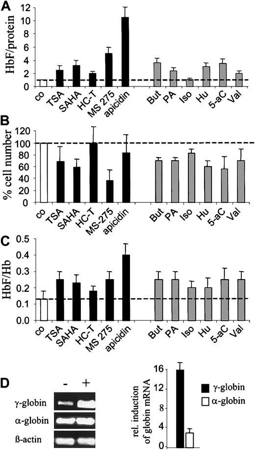 Fig. 3. Comparison of various HbF-inducing compounds on HbF synthesis and globin mRNA expression in K562 cells. / Cells were treated with HDAC inhibitors (black bars) and different HbF-inducing compounds (gray bars) by using concentrations with maximum HbF-inducing activity or solvent only (white bars) for 4 days. HbF per total protein (A) and cell numbers (B) were expressed relative to untreated control cells. (C) HbF per total Hb. Each experiment was performed 4 times, and standard errors were calculated as indicated. Co indicates untreated control cells; But, 0.6 mM butyrate; PA, 2 mM phenylacetate; Iso, 2 mM isobutyramide; Hu, 100 μM hydroxyurea; 5-aC, 5 μM 5-aza-cytidine; and Val, 2 mM valproate. (D) Analysis of globin mRNA expression in untreated (−) and apicidin-treated (+) K562 cells by quantitative real-time RT-PCR. mRNA expression of untreated and apicidin-treated cells was quantified by real-time RT-PCR, values were normalized by β-actin mRNA, and data expressed relative to untreated control cells. Experiments were repeated 3 times and standard errors were calculated.