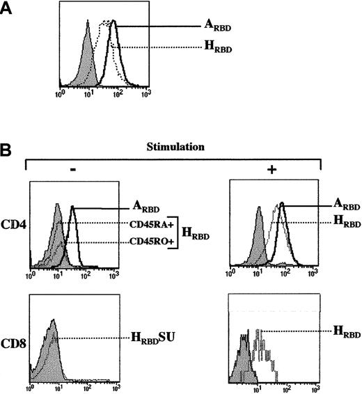 Fig. 1. HTLV receptor expression on CD4+ and CD8+ lymphocyte subsets requires T-cell–receptor stimulation. / (A) Expression of the HTLV Env receptor on Jurkat T cells was assessed using a truncated receptor-binding domain (RBD) of HTLV Env tagged with the Fc domain of rabbit IgG (HRBD). Cells were then incubated with an FITC-conjugated sheep αrabbit IgG antibody and binding was detected by fluorescence-activated cell sorting (FACS) analysis. Similarly, binding of the amphotropic MLV envelope to its receptor was monitored with an amphotropic SU fragment fused to the Fc domain of rabbit IgG (ARBD). Filled histograms depict binding in the presence of the secondary FITC-conjugated sheep antirabbit antibody alone. (B) CD4+ lymphocytes were purified by negative selection and expression of the HTLV Env and amphotropic MLV Env receptors was immediately assessed on the naive (CD45RA+) and memory (CD45RO+) populations as indicated. Expression of the HTLV Env and amphotropic MLV Env receptors was then monitored on CD4+ lymphocytes that had been prestimulated with immobilized αCD3 and αCD28 mAbs (+) for 4 days (upper panels). HTLV Env receptor expression on freshly isolated CD8+ lymphocytes and αCD3/αCD28-stimulated CD8+ lymphocytes (+) is shown (lower panels). Control binding with the secondary FITC-conjugated antibody is shown in all histograms (filled). Data are representative of results obtained in 5 independent experiments.