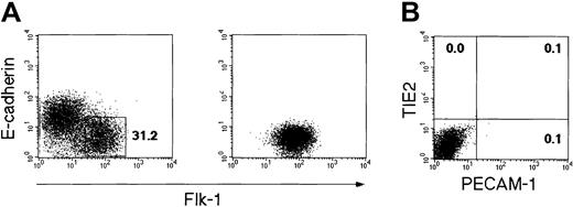 Fig. 1. Flow cytometric analysis of the in vitro differentiation of ES cells into VEGFR2+ mesodermal cells. / CCE ES cells were cultured on type IV collagen-coated dishes in the absence of leukemia inhibitory factor. (A, left panel) VEGFR2+ E-cadherin–negative cells were generated after 4 days for ES cell differentiation. In this experiment, the proportion of this population reached 31.2%. (A, right panel) The VEGFR2+ E-cadherin-negative cells were sorted and reanalyzed. (B) The expression of PECAM-1 and TIE2 in the purified VEGFR2+ cells were analyzed. The numbers indicate the percentage of cells that appeared in each quadrant.