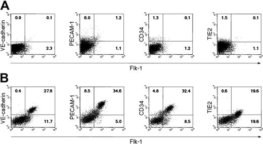 Fig. 3. Flow cytometric analysis of the in vitro differentiation of sorted VEGFR2+ cells into EC lineage under a chemically defined condition. / Sorted VEGFR2+ cells were cultured on type IV collagen–coated dishes under a chemically defined condition without additional factors (A), or with 50 ng/mL VEGF (B). The expression of VE-cadherin, PECAM-1, TIE2, and CD34 was analyzed after 3 days of culture. The numbers indicate the percentage of cells that appeared in each quadrant.