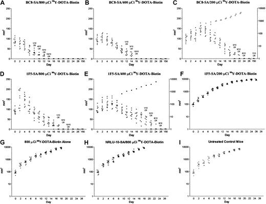 Fig. 4. Regression of lymphoma xenografts after radioimmunotherapy comparing pretargeted anti-CD45 (BC8) and anti-CD20 1F5 antibodies. / Athymic BALB/c mice bearing Ramos lymphoma xenografts were injected intraperitoneally with 1.4 nmol BC8-SA (A-C) or 1F5-SA (D-F), followed 20 hours later by 5.8 nmol clearing agent and 2 hours after that with 800 (A, D), 400 (B, E), or 200 (C, F) μCi90Y-DOTA-biotin. Control mice bearing xenograft tumors were treated with 800 μCi (29.6 MBq) 90Y-DOTA-biotin alone (♦, G) or pretargeted NRLU-10-SA followed by 800 μCi (29.6 MBq)90Y-DOTA-biotin (×; H), or they were untreated (⋄, I). All mice treated with pretargeted BC8-SA are represented by closed triangles (▴), with the exception of 2 mice that had no tumor regression, (▵; C). Mice treated with pretargeted 1F5-SA are represented with open circles (○), except for 1 mouse that had no tumor regression (●, E). Mice that exhibited exponential tumor growth are depicted on a logarithmic scale (C, E-I). Each data point represents an individual animal. The numbers of mice that achieved complete xenograft regression (CR) are indicated relative to the number of mice in each treatment group.