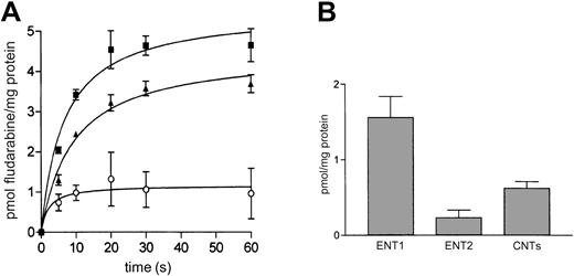 Fig. 3. Fludarabine uptake into JVM-2 cells. / (A) Time course of fludarabine uptake. Cells were incubated with 1 μM fludarabine either in an NaCl (▪) or a choline chloride (▴) medium. Na+-dependent transport (○) was calculated by subtracting those rates measured in choline medium from those measured in Na+ medium. (B) Discrimination among the different nucleoside transporter systems was performed as described in Figure 2. Transport rates were measured at 5 seconds. Results are the mean ± SE of 3 different determinations measured in triplicate.