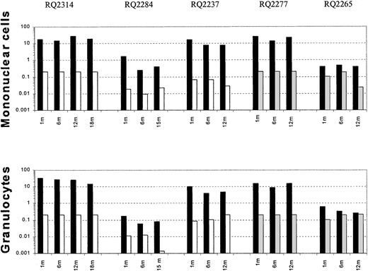Fig. 3. Summary of in vivo gene marking. / Level of peripheral blood mononuclear cell and granulocyteneo gene marking as assessed by semiquantitative PCR at certain time points after transplantation, shown on a logarithmic scale. In each animal black bars (▪) represent the marking level originating from G-CSF+SCF–mobilized target cells; white bars (■), G-CSF–mobilized target cells; and gray bars (░), G-CSF+Flt3-L–mobilized cells.