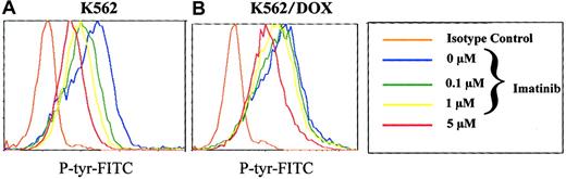 Fig. 4. Total phosphotyrosine content. / Total cellular phosphotyrosine content as detected by staining with the Py 99 antibody analyzed by flow cytometry after incubation of K562 (A) and K562/DOX (B) during 2 hours with different doses of imatinib (0, 0.1, 1, 5 μM).
