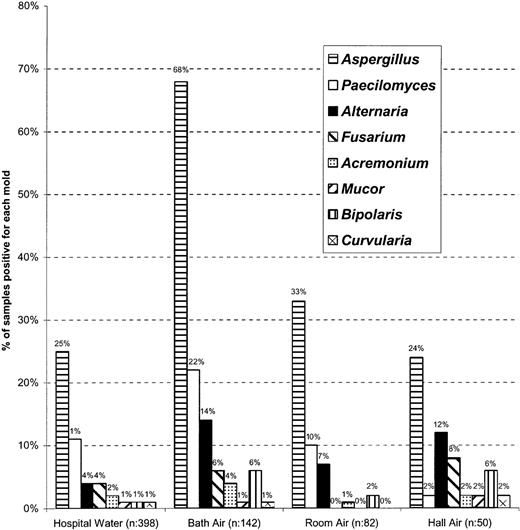 Fig. 2. Frequency and distribution of pathogenic molds in hospital water and in air of patients' rooms, bathrooms, and BMT ward hallways. / A similar rank order distribution of molds was observed in water and air at different sites. A significantly higher rate of recovery of airborne molds was noted in bathrooms. Only pathogenic molds were included in this figure. Hospital water includes water samples from storage tanks and taps of patient care areas. Other molds recovered from water and air samples include Acremoniumspecies, Basidiomycota, Bipolarisspecies, Curvularia species, Dreschlera,Fusarium species, and Mucor andPenicillium species.