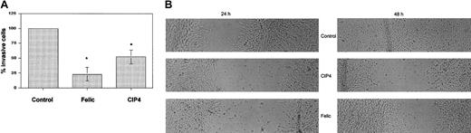 Fig. 6. Effect of Felic/CIP4 on cell migration. / (A) NIH3T3 cells expressing either Felic or CIP4 were compared with control cells in a Matrigel filter invasiveness assay. Data presented are the average ± standard error of the percentage of migrating cells. Results were statistically significant (*P < 0.05) using Student paired t test. (B) NIH3T3 cells transfected with empty vector (Control), Felic, or CIP4 were allowed to grow to confluence, then streaked horizontally with a sterile pipette tip. Microscopy with digital photography was performed at 24 and 48 hours after streaking. Original magnifications, × 100.