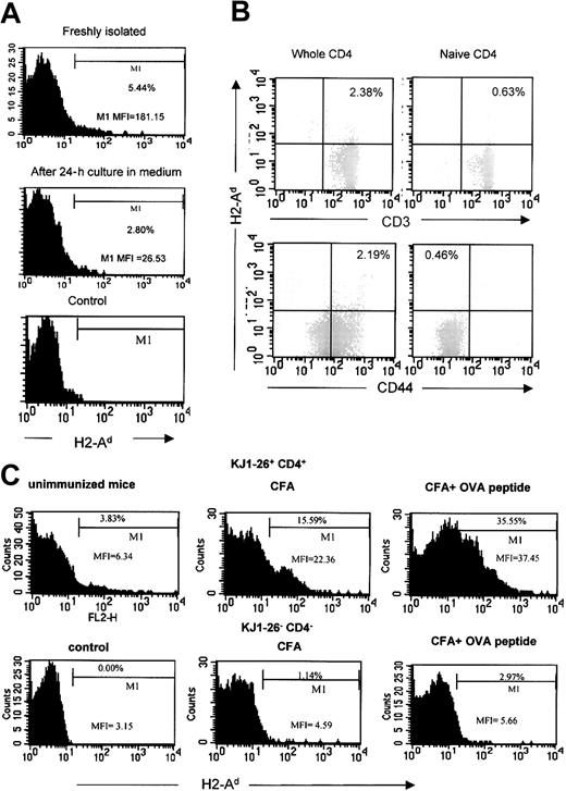 Fig. 2. CD4+ T cells can acquire MHC II in vivo. / (A) Freshly isolated CD4+ T cells from DO11.10 TCR-transgenic mice were stained with PE-conjugated anti–H2-Ad and FITC-conjugated anti-CD4 immediately following isolation or after 24 hours in medium. The level of H2-Ad on DO11.10 cells gated for CD4 expression is shown. These data have been reproduced in 3 animals. (MFI of whole CD4+ T cells: freshly isolated = 11.12; after 24 hours' culture = 5.59.) (B) CD4+ T cells, either the whole preparation or purified naive cells, from BALB/c mice were triple-stained with PE-conjugated anti–H2-Ad, cy-chrome–conjugated anti-CD4, and FITC-conjugated anti-CD3 or anti-CD44. Only the CD4+ population was gated for analysis. (C) CD4+ T cells from DO11.10 transgenic mice were transferred to BALB/c mice. Some mice were immunized with CFA plus OVA peptide or with CFA alone. T cells were recovered from the draining lymph node one day after immunization. The cells were then triple-stained with PE-conjugated anti–H2-Ad, FITC-conjugated anti-CD4, and cy-chrome–conjugated DO11.10 TCR clonotypic antibody (KJ1-26). Included in each group were 3 mice. CD4+ KJ1-26+ and CD4+KJ1-26− cells were analyzed separately as indicated on the figure. Representative mice from each group are shown.