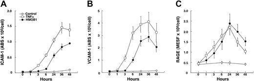 Fig. 3. Expression of cell surface markers on HMEC-1 over 48 hours following incubation with rhHMGB1 (50 ng/mL), TNFα (10 ng/mL), or media alone. / Significantly different time courses were observed for (A) ICAM-1 (P = .002), (B) VCAM-1 (P = .01), and (C) RAGE (P = .03) under the 3 conditions. Increased expression of ICAM-1 and VCAM-1 occurred within 3 hours after TNFα stimulation and was delayed until 6 hours after rhHMGB1 stimulation. Increased expression of RAGE occurred within 1 hour after either TNFα or rhHMGB1 stimulation and followed a similar time course. Data represent mean ± SEM of 4 separate experiments.