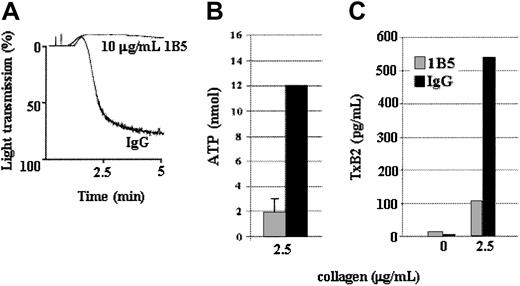 Fig. 6. A low concentration of collagen-induced, αIIbβ3-mediated aggregation drives ADP secretion and TxA2 production. / Wild-type platelets were incubated with 1B5, a hamster monoclonal antimouse αIIbβ3 antibody (10 μg/mL), or control hamster IgG (10 μg/mL) for 10 minutes before stimulation with a low concentration (2.5 μg/mL) of collagen. 1B5 inhibits fibrinogen binding to αIIbβ3, thereby preventing aggregation (A). Inhibition of aggregation substantially diminished ATP secretion (B) and TxA2 production (C). Therefore, αIIbβ3-mediated aggregation is required for maximum ATP secretion and TxA2 production in response to a low level of collagen. Data were obtained from 6 tests. Bars represent means ± SEM.
