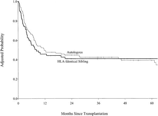 Fig. 3. Probability of disease-free survival by type of transplant adjusted for disease status at transplantation.