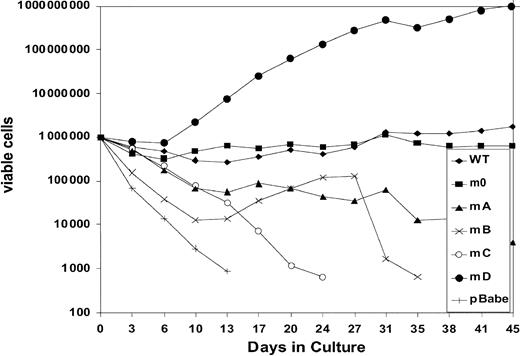 Fig. 5. Expansion of gcsfr−/−bone marrow cells transduced with G-CSF-R expression constructs in suspension culture. / Cells were cultured in the presence of 100 ng/mL G-CSF. Viable cell counts and replenishment of culture media were performed at 3- to 4-day intervals.