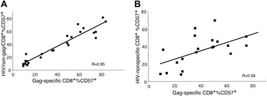 Fig. 3. Antigen-induced expression of CD57. / (A) Percentage of gag-specific CD8+ T cells that express CD57 was correlated with percentage nef, pol, or env-specific CD8+ T cells that express CD57, R = 0.95,P < .0001. (B). The percentage of gag-specific CD8+ T cells that express CD57 was correlated with the percentage of CD8+ T cells (specific for antigens other than HIV) that express CD57, R = 0.58, P = .003.