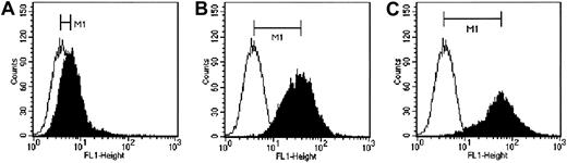 Fig. 3. Three clones of CHO cells expressing 3 levels of human CD38 as analyzed by flow cytometry using an anti-CD38 antibody conjugated to FITC. / The clones express (A) low, (B) medium, and (C) high levels of human CD38. Empty histograms indicate isotype control; filled histograms, cells stained with a CD46-FITC antibody. M1 indicates difference in median fluorescence.