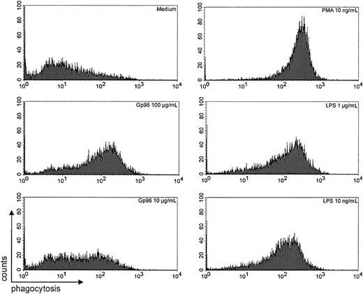 Fig. 3. Phagocytosis of fluorochrome-labeled polystyrene beads by PMNs. / Purified PMNs (2 × 105) were incubated with the indicated stimuli in the presence of 5 × 106fluorochrome-labeled microspheres for 45 minutes at 37°C. Cells were washed and fixed in 1% paraformaldehyde. Fluorescence intensity was evaluated by FACS. The results shown are representative of 4 independent experiments with different donors. Statistical analysis of all experiments showed a significant increase in mean fluorescence with PMA, LPS, or Gp96 compared with the medium control (n = 4;P < .05 by Student t test).