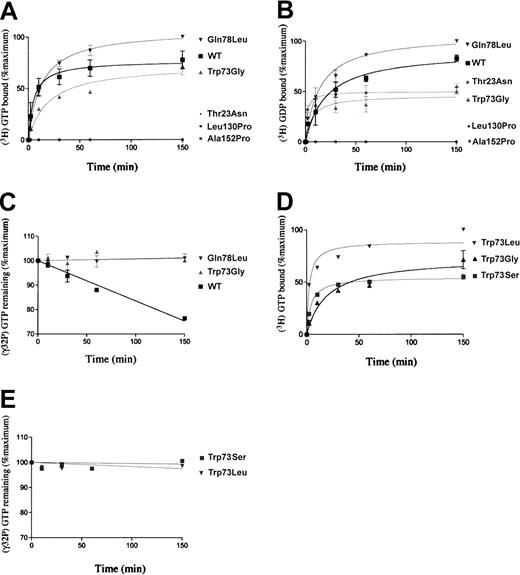 Fig. 2. Nucleotide-binding rates and GTPase activities of Rab27a and the various mutants. / Nucleotide-binding and GTPase activity rates were measured by the filtration method, and the data are expressed as the percentage of the maximum radioactive nucleotide binding to Rab27a WT or mutant proteins. (A) GTP binding. The Rab27a (WT) and mutant (Thr23Asn, Trp73Gly, Leu130Pro, and Ala152Pro) proteins were incubated with (3H)-GTP for the indicated times, and the amount of bound (3H)-GTP was determined. (B) GDP binding. Fixation of (3H)-GDP with the same recombinant proteins. (C) GTPase activities of proteins WT (▪), Trp73Gly (gray triangle), and Gln78Leu (inverted gray triangle). The WT and mutant Rab27a proteins were loaded with (γ-32 P)GTP, and GDP hydrolysis was determined by the release of (32P)Pi (phosphate inorganic). (D) GTP binding. Fixation of (3H)-GTP with 2 new mutations at position 73: Trp73Ser, Trp73Leu as performed in panel A. (E) GTPase activities of proteins Trp73Ser (gray square) and Trp73Leu (inverted gray triangle) performed in the same conditions as in panel C. The results show 3 different experiences performed in duplicates and analyzed by nonlinear regression with the program Prism 3 (Graph Pad Software, San Diego, CA).